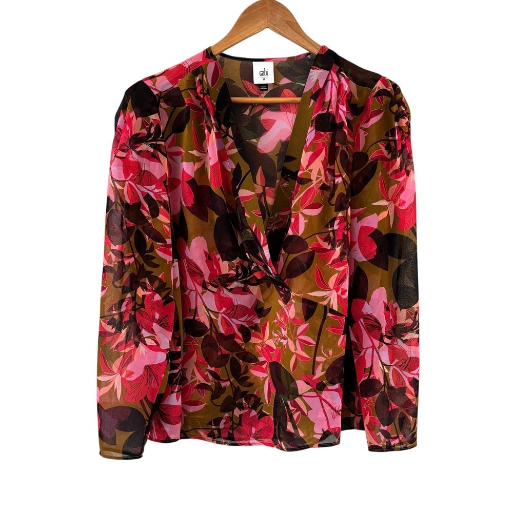 CAbi Mia Floral Chiffon Blouse Womens M Pink Brown Sheer‎ Style #4251 Feminine